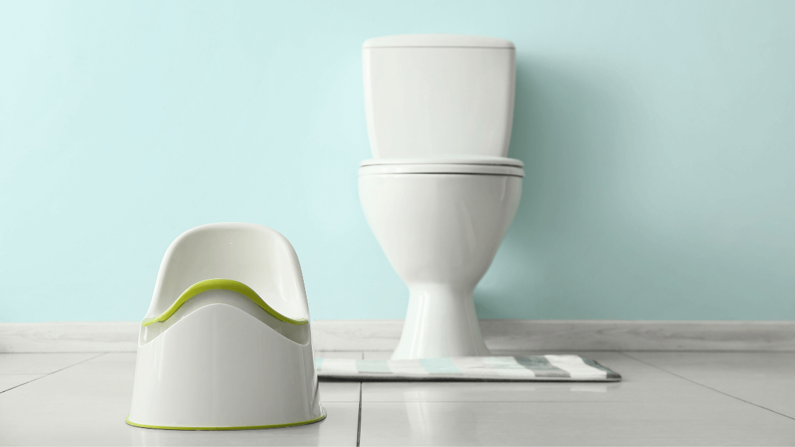 Child's potty chair and toilet in bathroom, symbolizing digestive health.